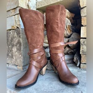 Report high heel Flora brown suede leather boots w/wrap straps&cone heel Sz-9. G